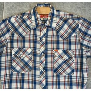 VTG 70s 80s Ely Plains Men's M/L Western Shirt Pearl Snap Blue Plaid Cowboy